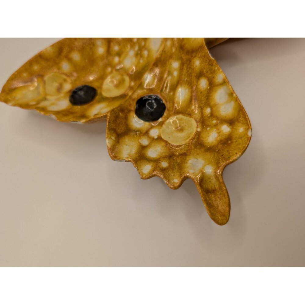 Handmade Pottery Butterfly Ashtray / Catch all Trinket 70s oranges yellow 6" - Picture 3 of 8